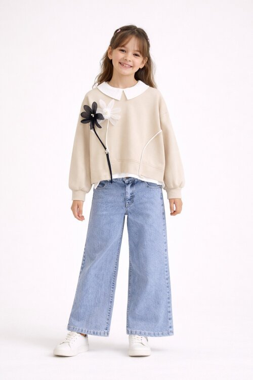 Krem Çiçek Detaylı Badili Gömlekli Kız Çocuk 3lü Alt Üst Takım 23531