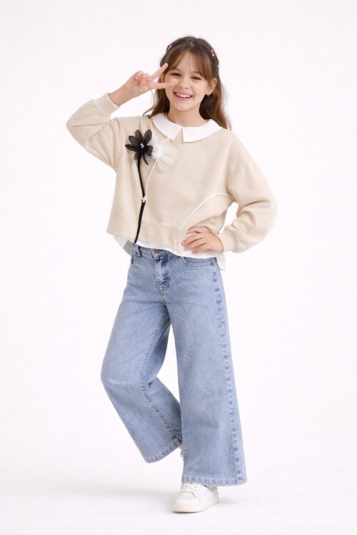 Krem Çiçek Detaylı Badili Gömlekli Kız Çocuk 3lü Alt Üst Takım 23531