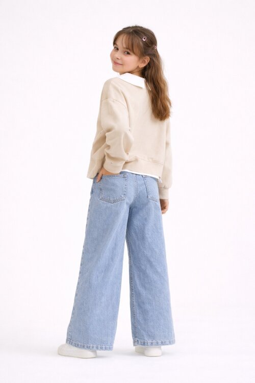 Krem Çiçek Detaylı Badili Gömlekli Kız Çocuk 3lü Alt Üst Takım 23531