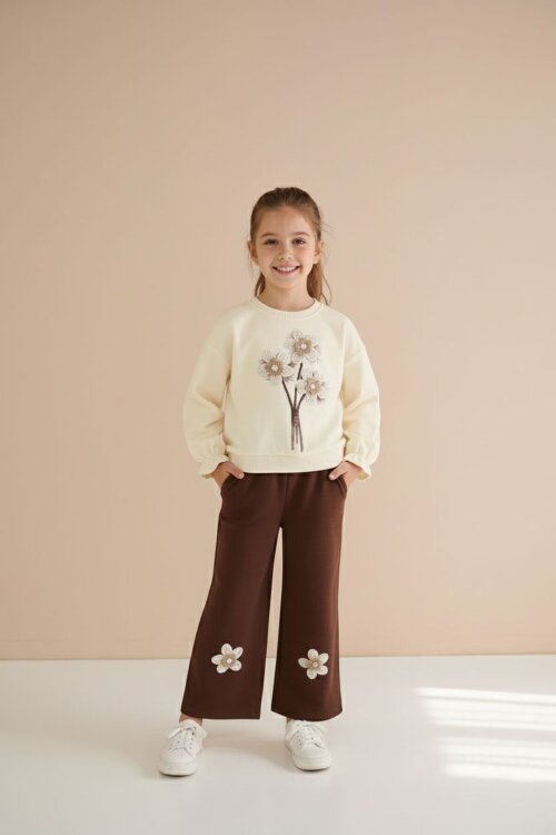 Krem Çiçek Nakış Detaylı Badili Jean Pantolonlu Kız Çocuk 2li Takım 23511