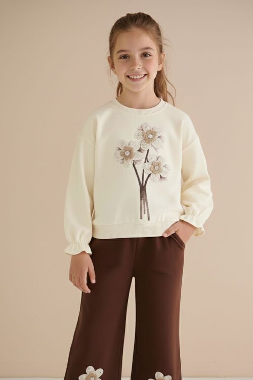 Krem Çiçek Nakış Detaylı Badili Jean Pantolonlu Kız Çocuk 2li Takım 23511