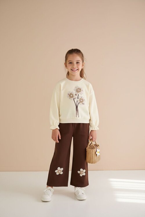 Krem Çiçek Nakış Detaylı Badili Jean Pantolonlu Kız Çocuk 2li Takım 23511