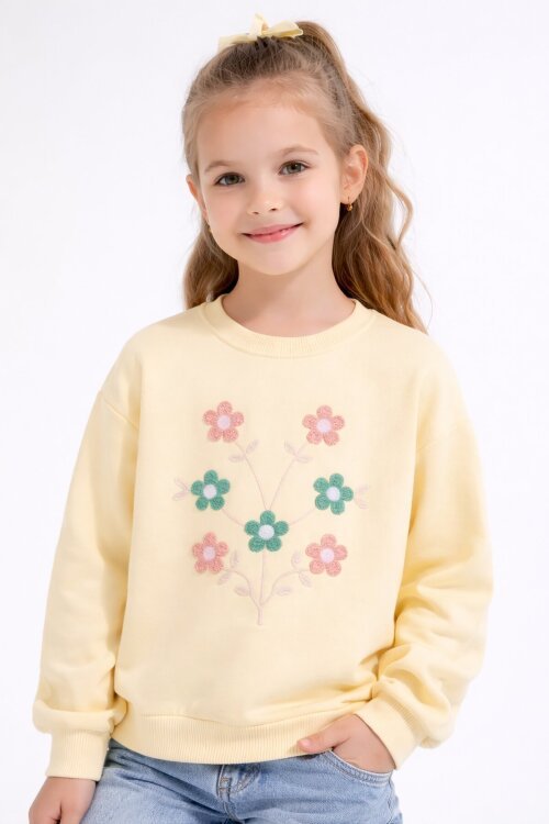 Krem Çiçek Nakışlı Badili Jean Pantolonlu Kız Çocuk Takımı 23515