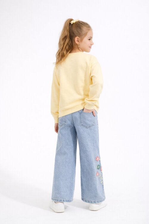 Krem Çiçek Nakışlı Badili Jean Pantolonlu Kız Çocuk Takımı 23515