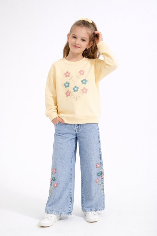 Krem Çiçek Nakışlı Badili Jean Pantolonlu Kız Çocuk Takımı 23515