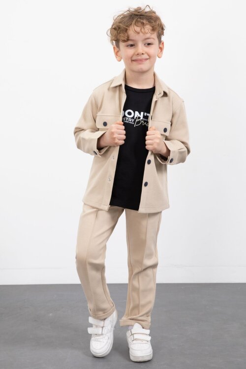 Krem Çıtçıtlı Gömlekli Erkek Çocuk 3lü Tişörtlü Takım  23380