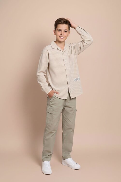 Krem Çizgili Gömlekli Paraşüt Pantolonlu Erkek Çocuk 2li Takım 23262