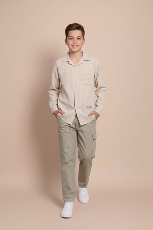 Krem Çizgili Gömlekli Paraşüt Pantolonlu Erkek Çocuk 2li Takım 23262
