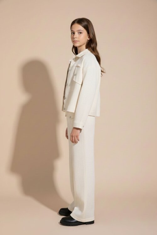 Krem Düğme Detaylı Keten Gömlekli Pantolonlu Kız Çocuk 3lü Takım 23495