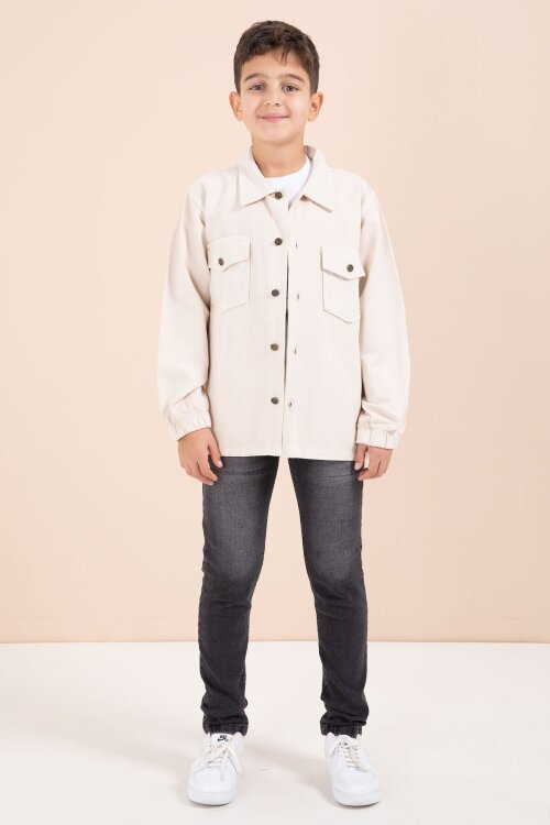 Krem Düğmeli Cepli Gömlekli Jean Pantolonlu Erkek Çocuk 3lü Takım 23635
