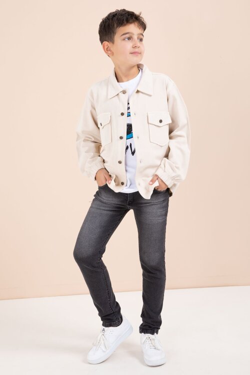 Krem Düğmeli Cepli Gömlekli Jean Pantolonlu Erkek Çocuk 3lü Takım 23635