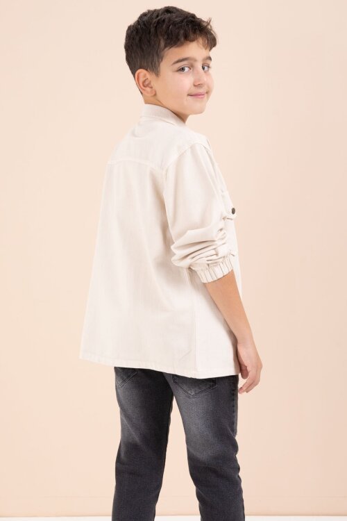 Krem Düğmeli Cepli Gömlekli Jean Pantolonlu Erkek Çocuk 3lü Takım 23635