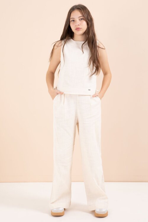 Krem Geniş Paça Pantolonlu Kız Çocuk Keten Croplu Takım 23448