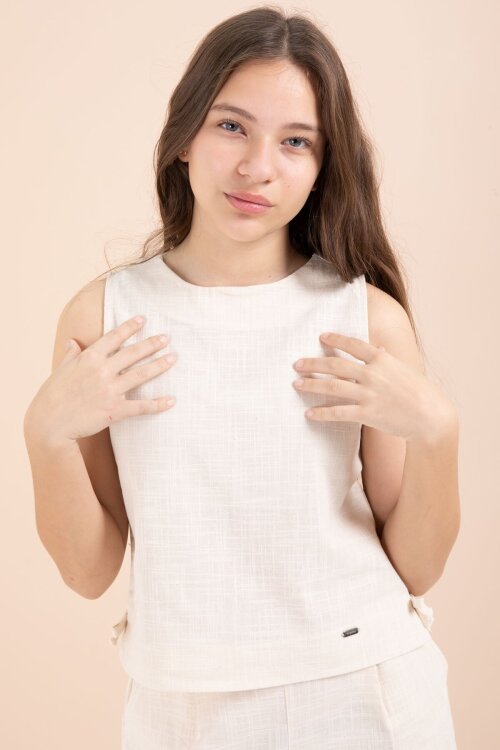 Krem Geniş Paça Pantolonlu Kız Çocuk Keten Croplu Takım 23448