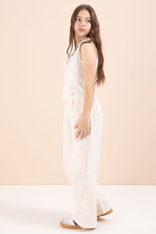 Krem Geniş Paça Pantolonlu Kız Çocuk Keten Croplu Takım 23448