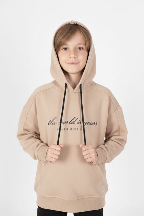 Krem Göğüs Yazılı Kanguru Cepli Kapüşonlu Erkek Çocuk Sweatshirt 19340