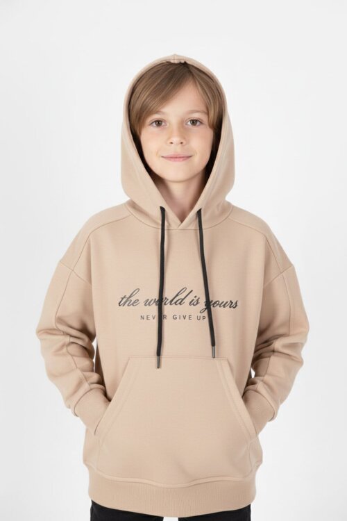 Krem Göğüs Yazılı Kanguru Cepli Kapüşonlu Erkek Çocuk Sweatshirt 19340