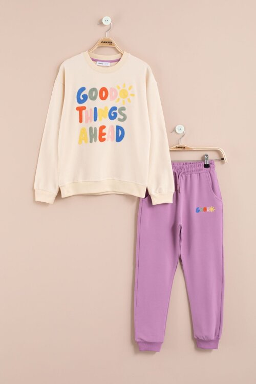 Krem Good Things Nakışlı Kız Çocuk Bisiklet Yaka Eşofman Takımı 23391