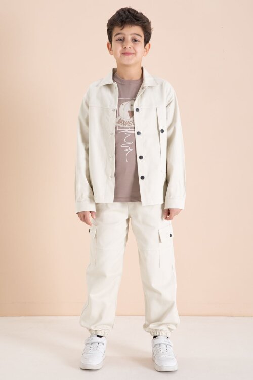 Krem Kargo Cepli Jean Ceketli ve Pantolonlu Erkek Çocuk Tişörtlü 3lü Takım  23537