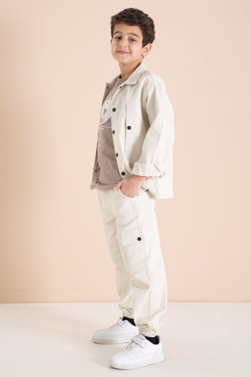Krem Kargo Cepli Jean Ceketli ve Pantolonlu Erkek Çocuk Tişörtlü 3lü Takım  23537