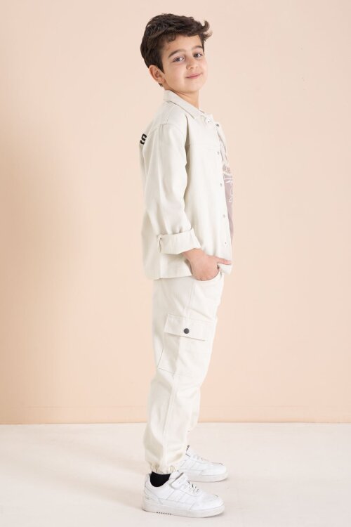 Krem Kargo Cepli Jean Ceketli ve Pantolonlu Erkek Çocuk Tişörtlü 3lü Takım  23537
