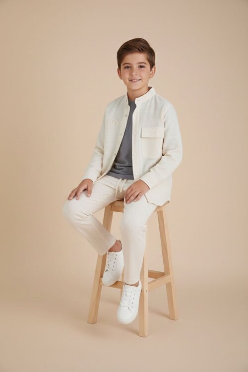 Krem Keten Gömlekli Pantolonlu Erkek Çocuk 3lü Alt Üst Takım  23573