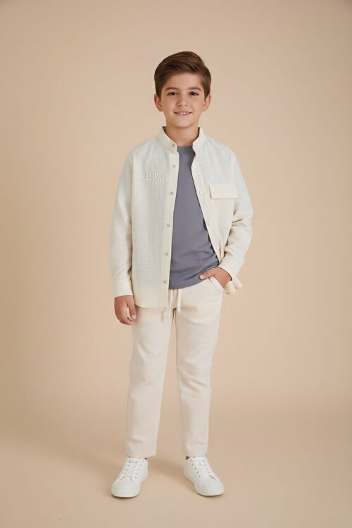 Krem Keten Gömlekli Pantolonlu Erkek Çocuk 3lü Alt Üst Takım  23573