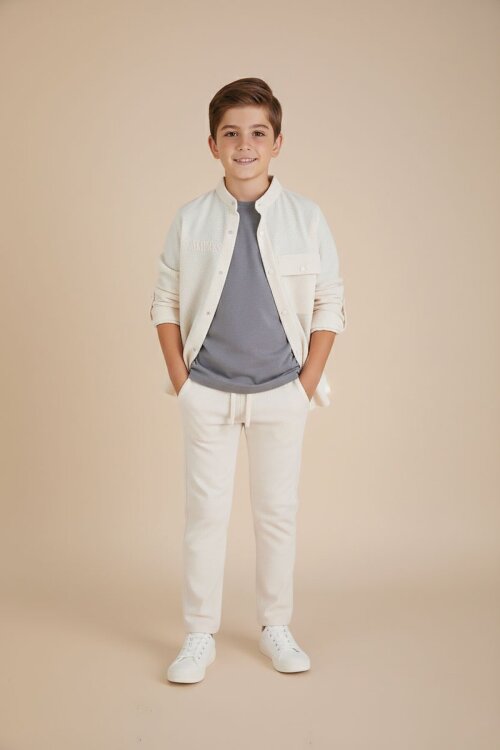 Krem Keten Gömlekli Pantolonlu Erkek Çocuk 3lü Alt Üst Takım  23573