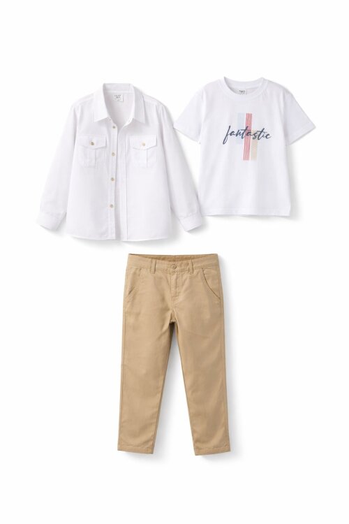Krem Keten Pantolonlu Düğmeli Gömlekli Erkek Çocuk 3lü Takım 23765
