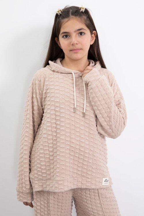 Krem Kız Çocuk Dokulu Geniş Paça Kapüşonlu Eşofman Takımı 23303