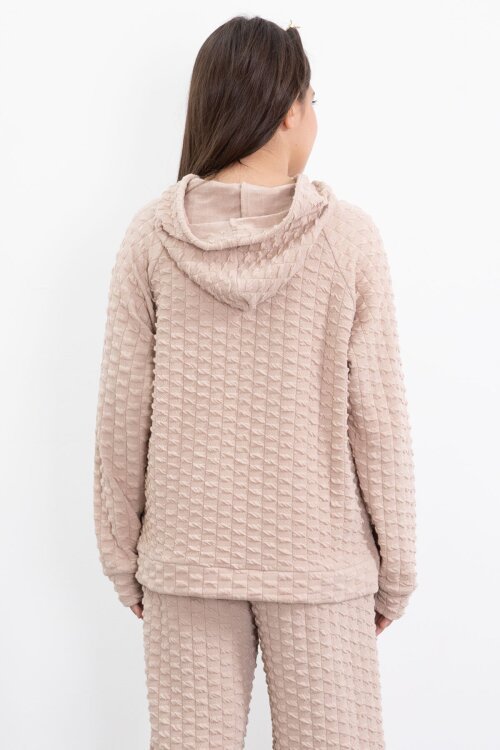 Krem Kız Çocuk Dokulu Geniş Paça Kapüşonlu Eşofman Takımı 23303