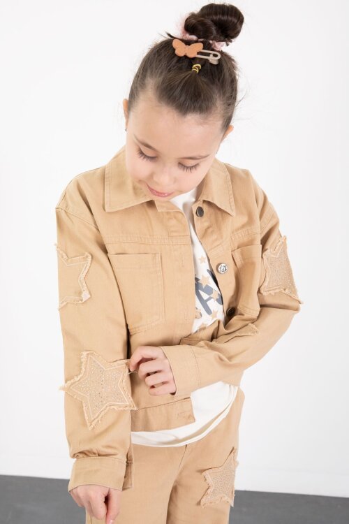 Krem Kolları Star Taşlı Jean Ceketli Kız Çocuk 3lü Alt Üst Takım 23425