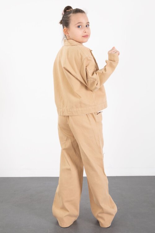 Krem Kolları Star Taşlı Jean Ceketli Kız Çocuk 3lü Alt Üst Takım 23425