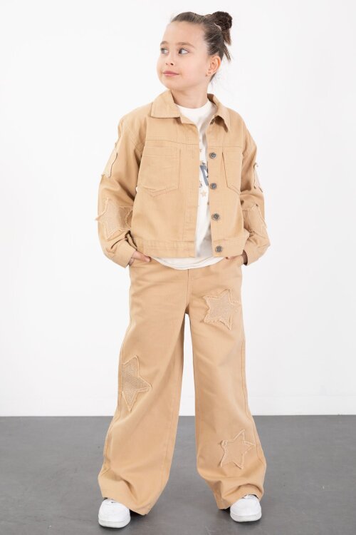 Krem Kolları Star Taşlı Jean Ceketli Kız Çocuk 3lü Alt Üst Takım 23425