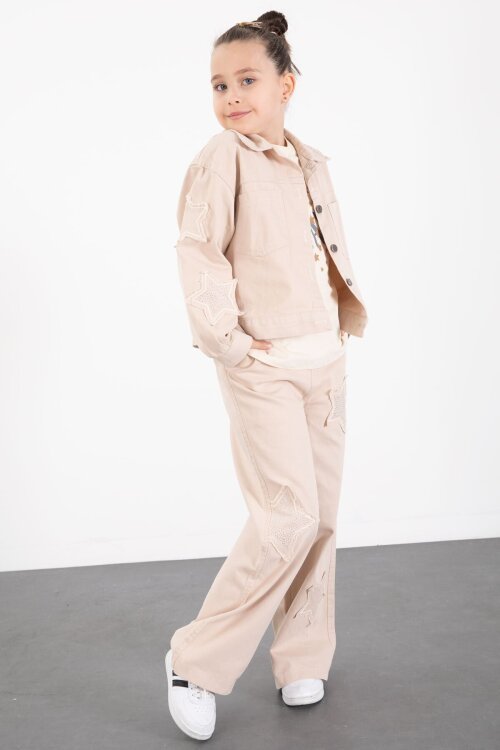 Krem Kolları Star Taşlı Jean Ceketli Kız Çocuk 3lü Alt Üst Takım 23425