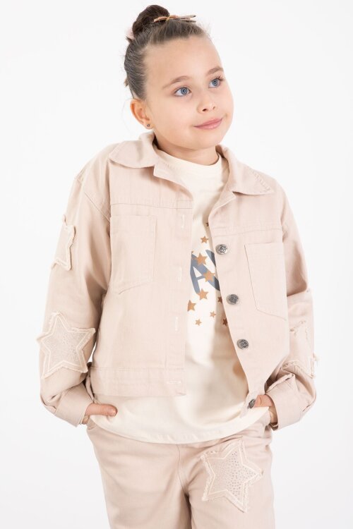 Krem Kolları Star Taşlı Jean Ceketli Kız Çocuk 3lü Alt Üst Takım 23425