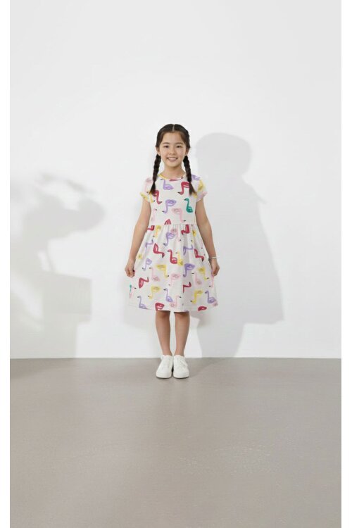 Krem Kuğu Baskılı Kısa Kollu Kız Çocuk Yazlık Elbise