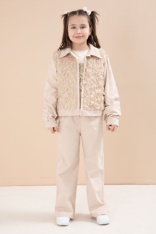 Krem Önü Gül İşlemeli Ceketli Kız Çocuk Pantolonlu 3lü Alt Üst Takım 23606