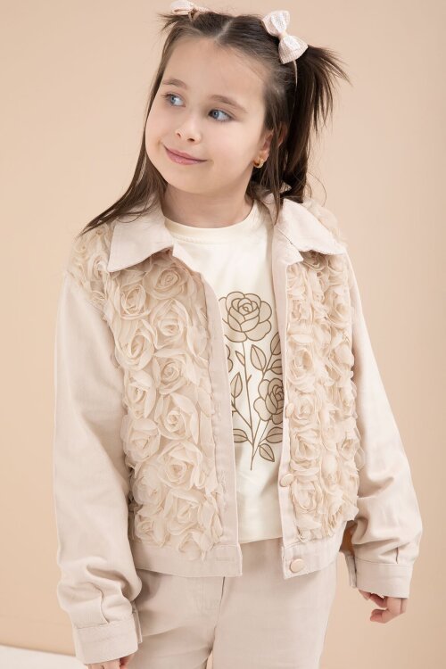 Krem Önü Gül İşlemeli Ceketli Kız Çocuk Pantolonlu 3lü Alt Üst Takım 23606