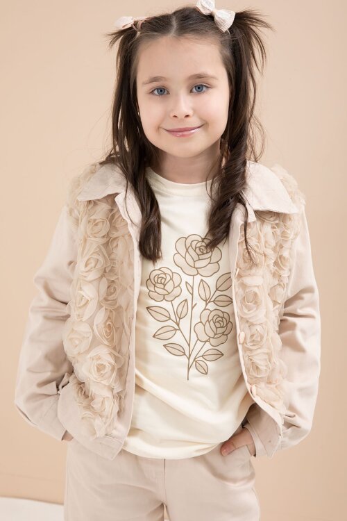 Krem Önü Gül İşlemeli Ceketli Kız Çocuk Pantolonlu 3lü Alt Üst Takım 23606