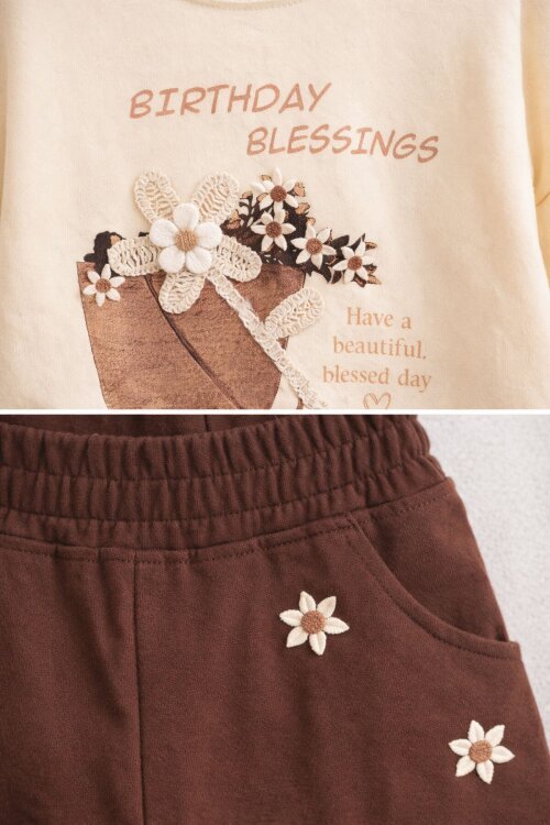 Krem Papatya Nakış Detaylı Jean Pantolonlu Kız Çocuk 2li Takım 23520