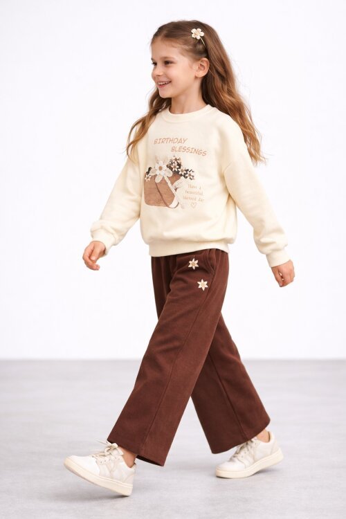 Krem Papatya Nakış Detaylı Jean Pantolonlu Kız Çocuk 2li Takım 23520