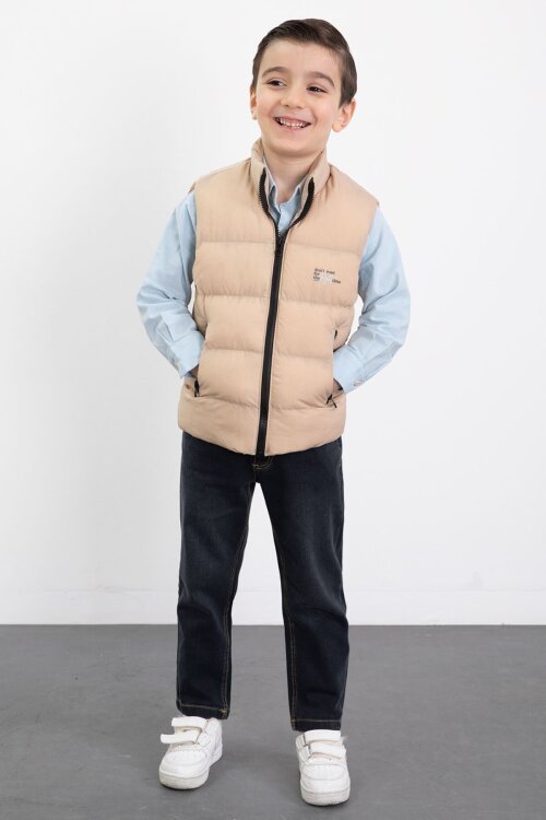 Krem Şişme Yelekli Gömlekli Erkek Çocuk 3lü Pantolonlu Takım 23472