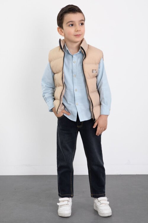 Krem Şişme Yelekli Gömlekli Erkek Çocuk 3lü Pantolonlu Takım 23472