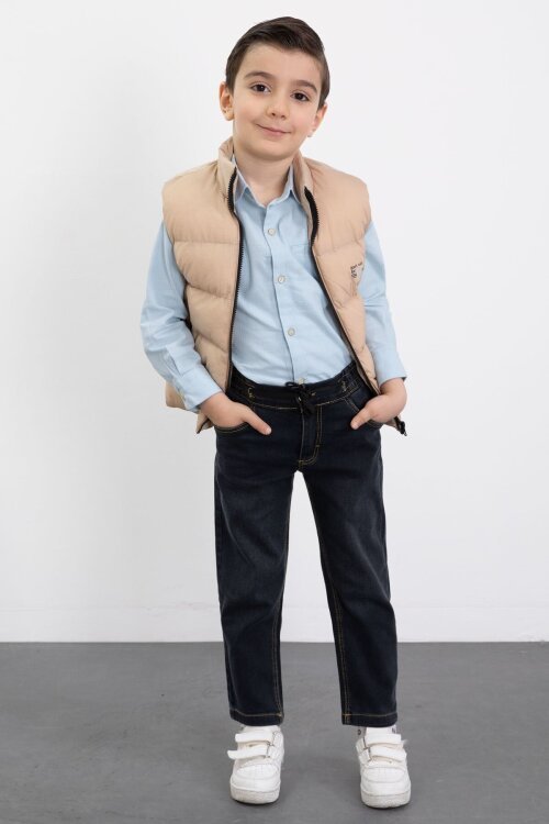 Krem Şişme Yelekli Gömlekli Erkek Çocuk 3lü Pantolonlu Takım 23472