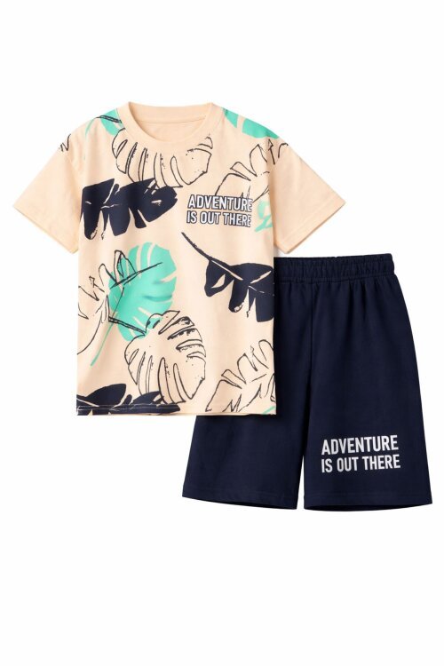 Krem Yaprak Baskılı Bisiklet Yaka Erkek Çocuk 2li Şortlu Takım 21058