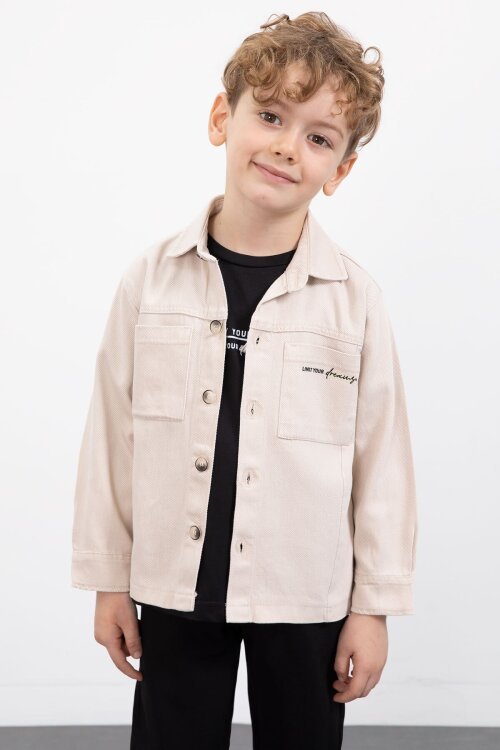 Krem Yazılı Düğmeli Gömlekli Erkek Çocuk Pantolonlu 3lü Takım  23370