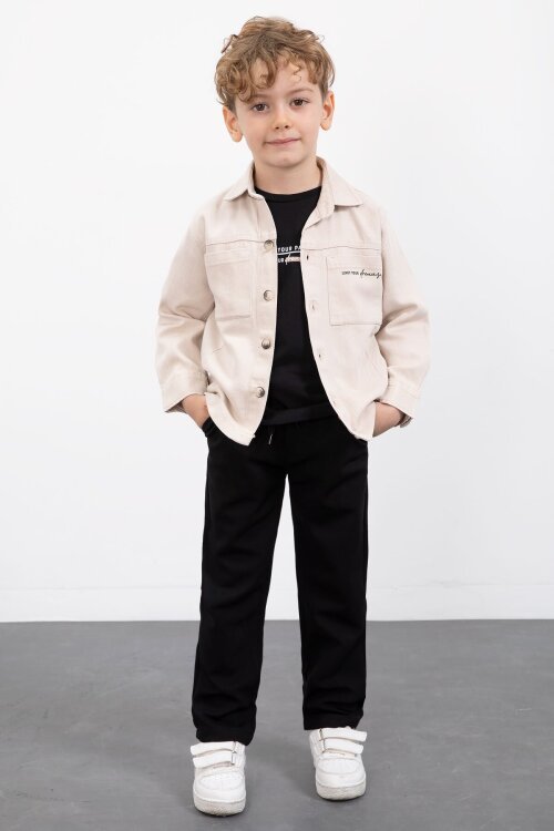 Krem Yazılı Düğmeli Gömlekli Erkek Çocuk Pantolonlu 3lü Takım  23370