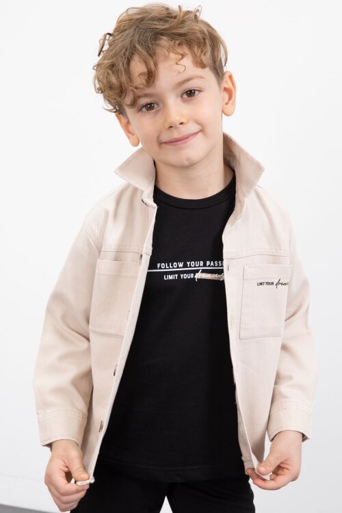 Krem Yazılı Düğmeli Gömlekli Erkek Çocuk Pantolonlu 3lü Takım  23370