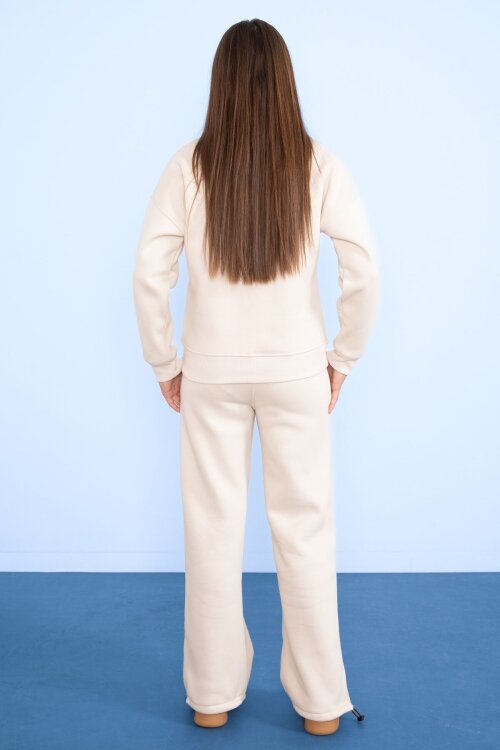 Krem Yıldız Desenli Geniş Paça Şardonlu Kız Çocuk Eşofman Takımı 23363